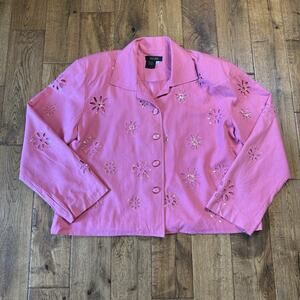 Bala Bala Womens 100% Silk Blazer Pink Eyelet Flower Sequin Embroidered Women XL